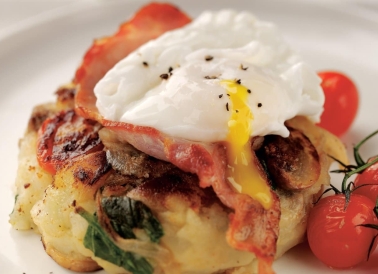 Breakfast Hash with Bacon and Poached Eggs