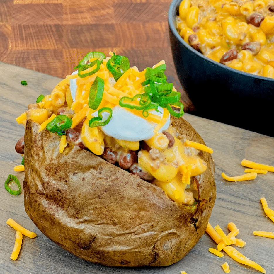 Chili Mac Stuffed Baked Potato